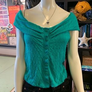 Free People Teal Button Down Off the Shoulder Top
